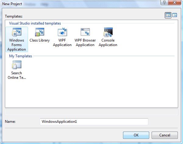 Start a New Project dialogue box, Visual Studio Express 2008