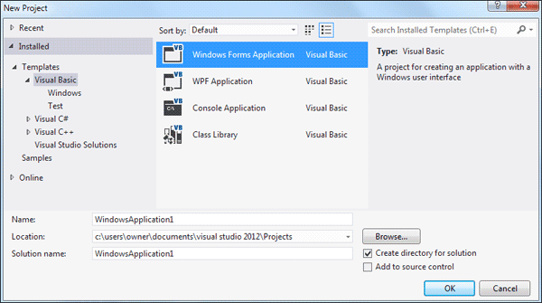 The New Project dialogue box in Visual Studio Express 2012