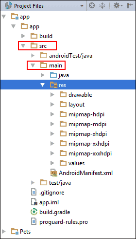 The res folder in the Android Studio explorer