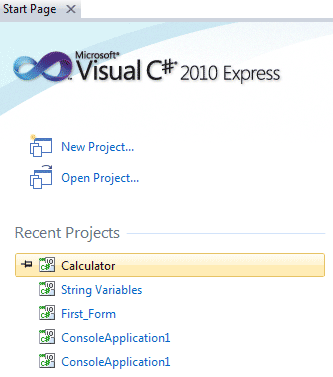 The Recent projects list on the C# start page
