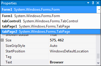 Selecting a Tab via the Properties area