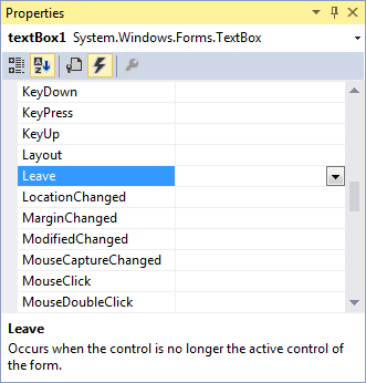 C# Properties box for the Leave Event