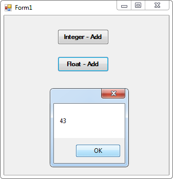 The form displaying the answer in a message box