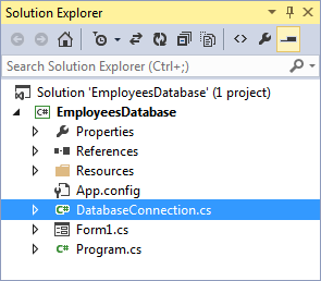 A new class showing in the Solution Explorer