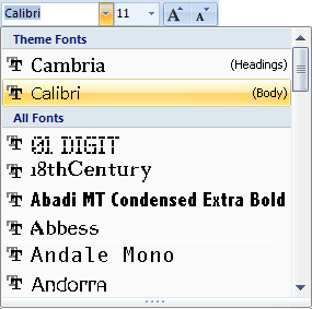 A list of Fonts in Excel 2007