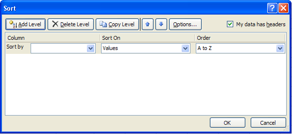 Dialog Urutkan kotak di Excel 2007