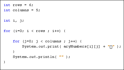 Java code showing how to use two for loops with a 2-dimensional array