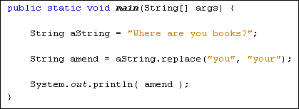Java code showing use of the replace method