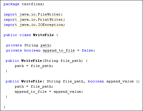 Java code showing two constructors. To write to the file, add the following 