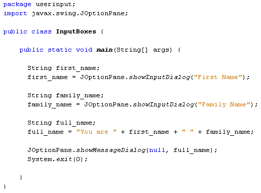 Some Java code using JOptionPane
