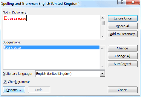 The Spelling and Grammar dialogue box