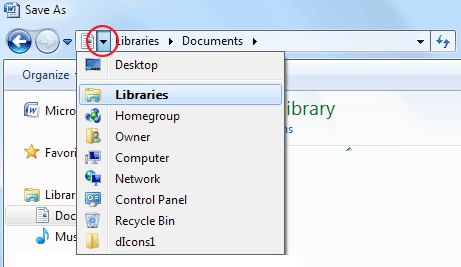 Changing folders from the Save As dialogue box