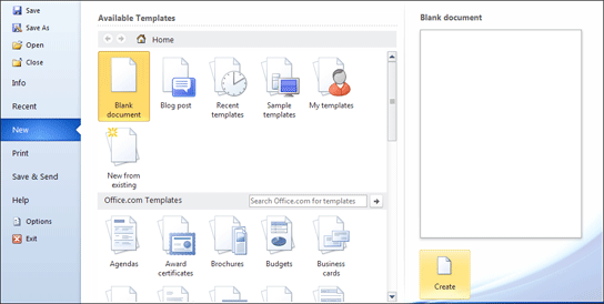 Create a new blank document in Word 2010