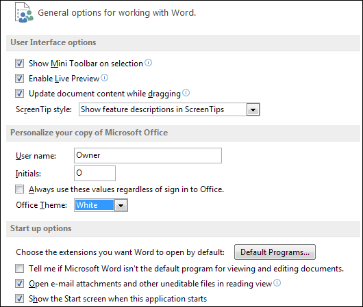 General options in Word 2013