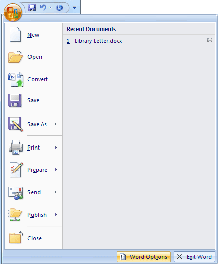 Word 2007 showing the Office menu