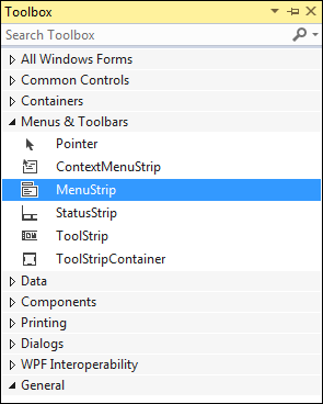 The MenuStrip Item on the Toolbox