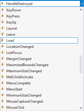 The Load item selected from a dropdown list of Events