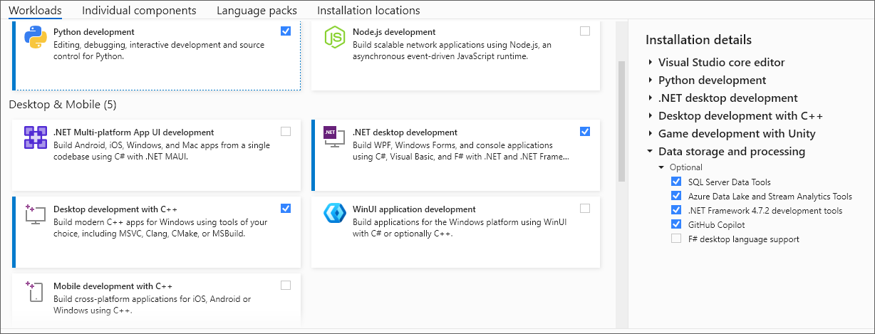 The Visual Studio Workloads screen showing which development environments have been installed