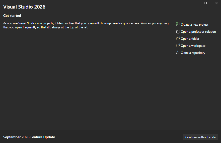 The Visual Studio new projects page