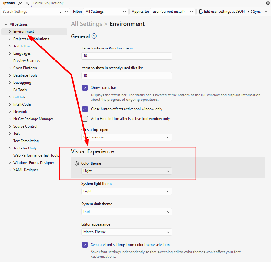 Tools > Options in Visual Studio 2026