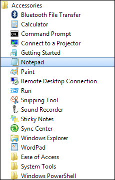 Notepad on the Accessories menu in Windows 7