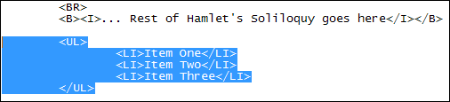 Notepad showing the HTML for an Unordered List