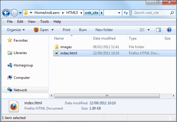 Folder structure showing an images folder and a web page