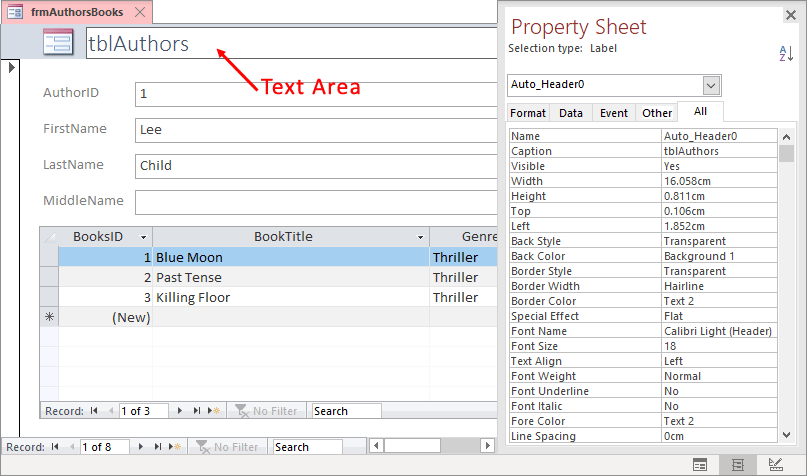 An arrow pointing to a Text Area for a Form header in Access