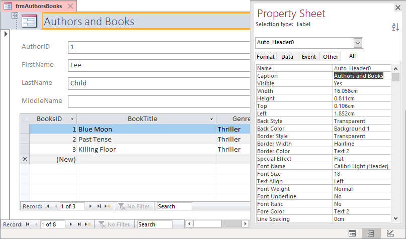 The Form Header has been changed to Authors and Books