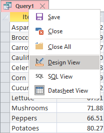 Right-click context menu in Access with the Design View item selected