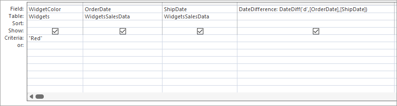 An Access query showing an example of the DateDiff function.