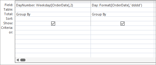 Access calculated fields for days of the week