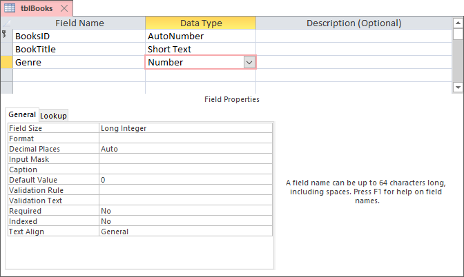 Access Design View showing a third field added, set to Number