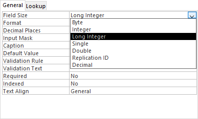 Access Number types in a dropdown list