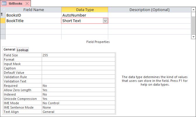 The Short Text Data Type selected in the Access Design View