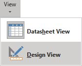 The View menu in Access showing Design View selected