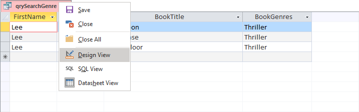Getting back to Design View in Access by right-clicking a query tab
