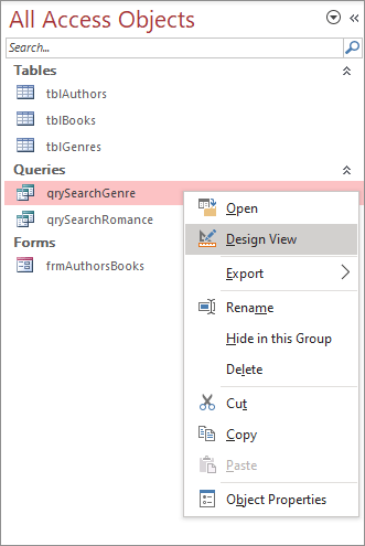 Right-click context menu with Design View selected in Access