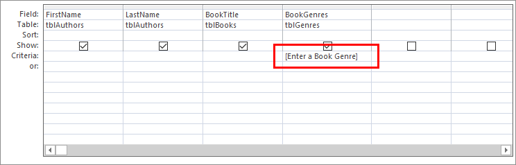A new criteria typed into the Access Query Designer