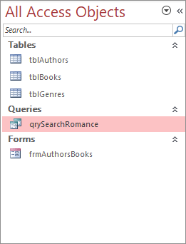 A query added under the Queries heading in the All Access Objects pane