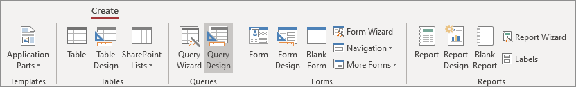 The Query Design item on the Create ribbon in Microsoft Access