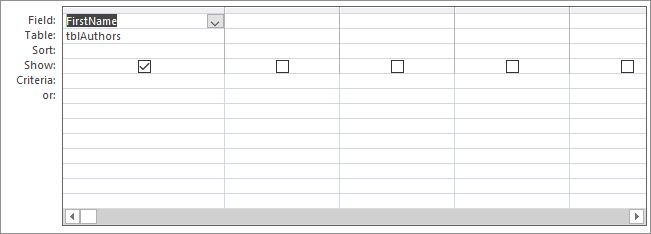 The Query Designer with the First Name field selected in the first column