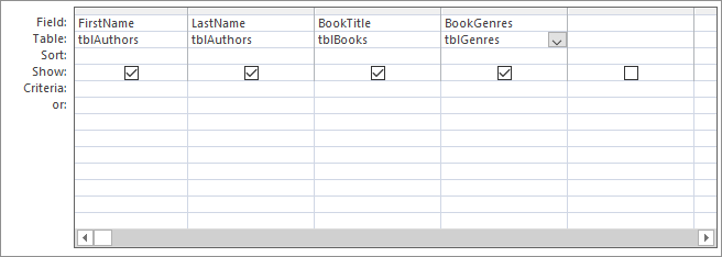 The Access Query Designer showing a fourth field selected