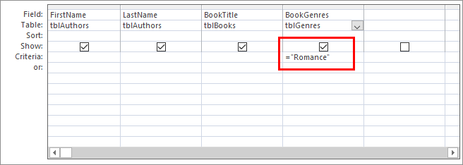 A criteria added to the Query Designer for the fourth column
