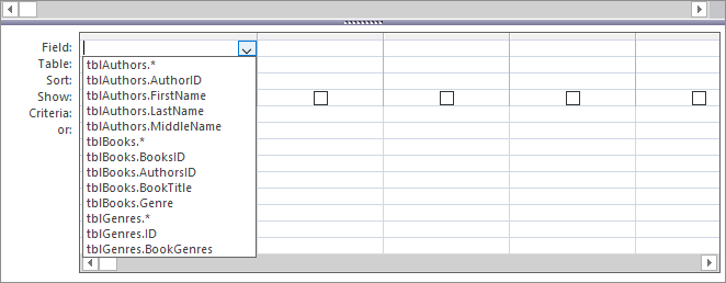 The Field dropdown list in the Query Designer with a list of table columns to choose from