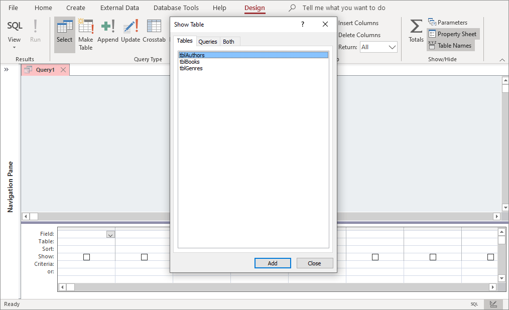 The Query Design with the Show Tables dialog box