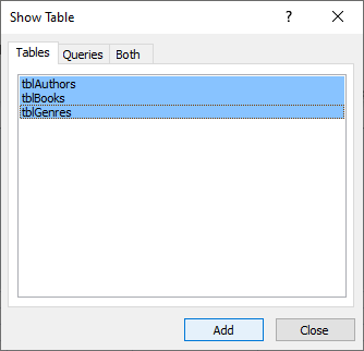The Show Tables dialog box in Access