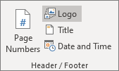 The Header/Footer panel on the Design ribbon with the Logo item selected