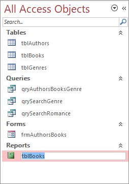 The report name highlighted in the All Access Objects area