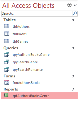 The report renamed name in the All Access Objects area
